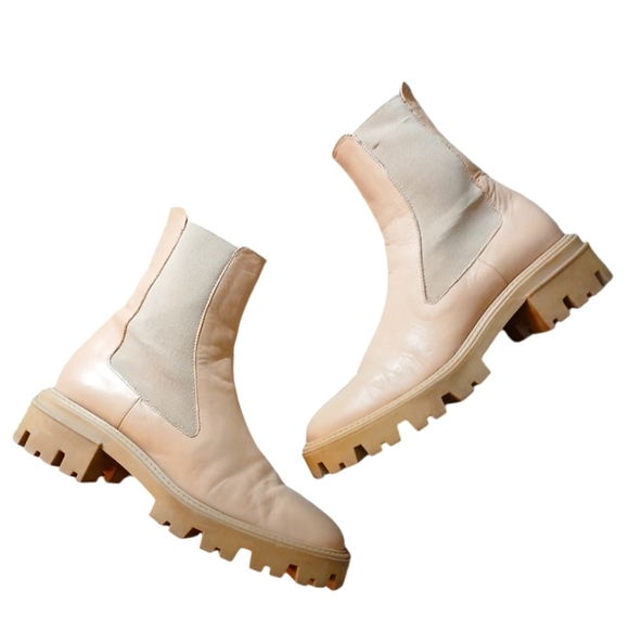 Zara Chunky Lug Sole Beige Leather Combat Boots Women’s size 11 - Picture 1 of 11